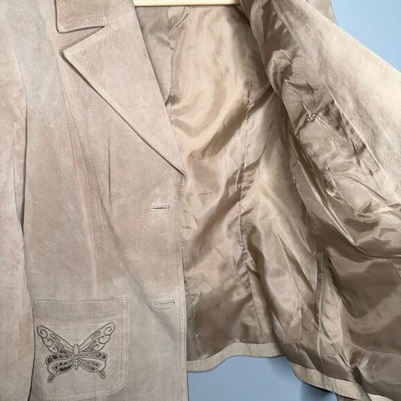 Together Vintage Leather Suede Jacket Butterfly Print Neutral Tan/Beige Size 12 - Picture 7 of 9